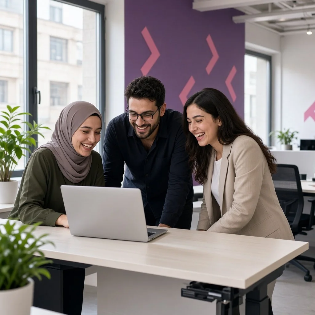 Yassir team members laughing around a laptop in the Algiers office