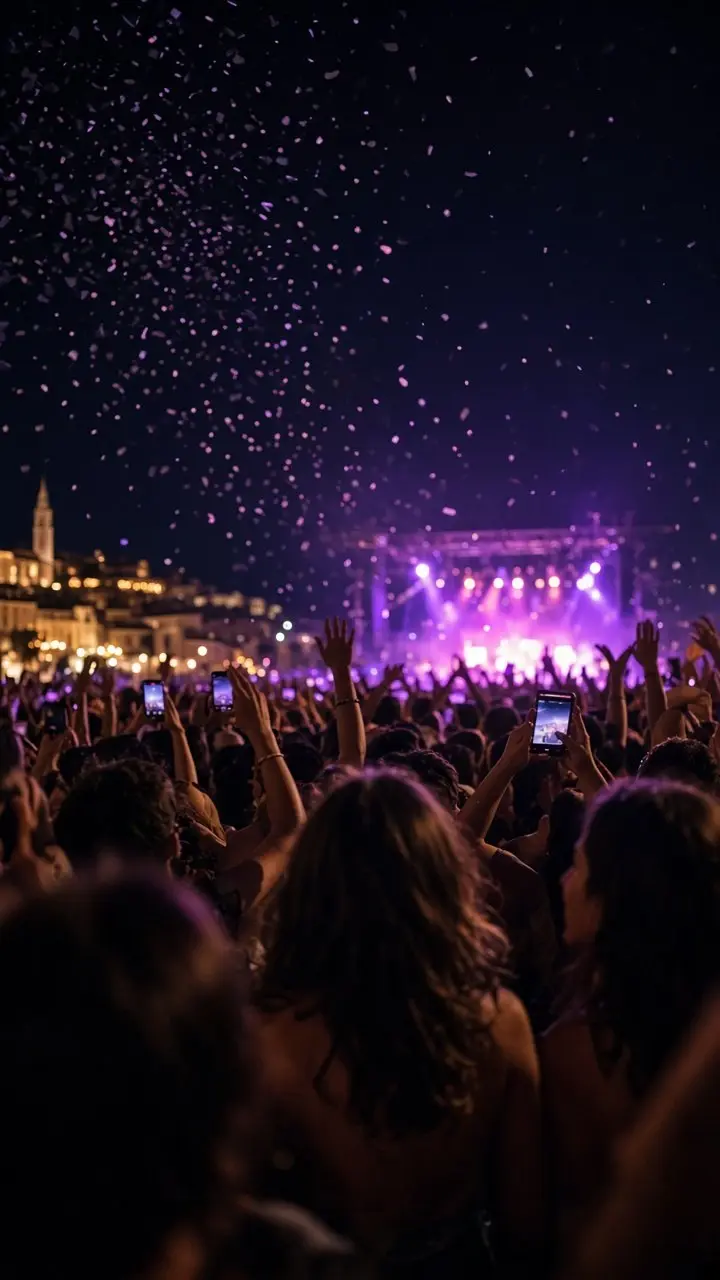Crowd at an open-air concert at night