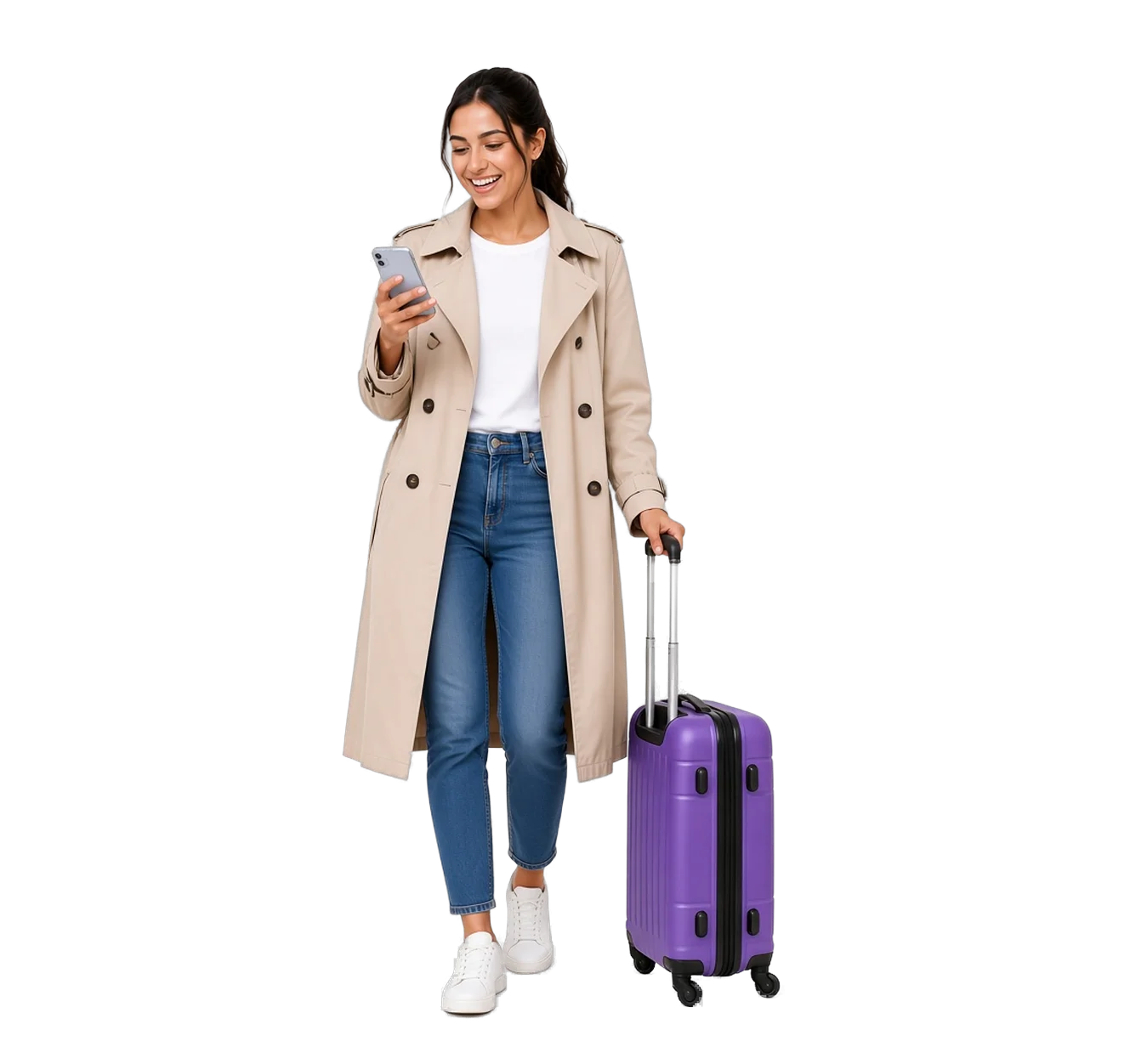 Traveller with a suitcase booking a trip on her phone