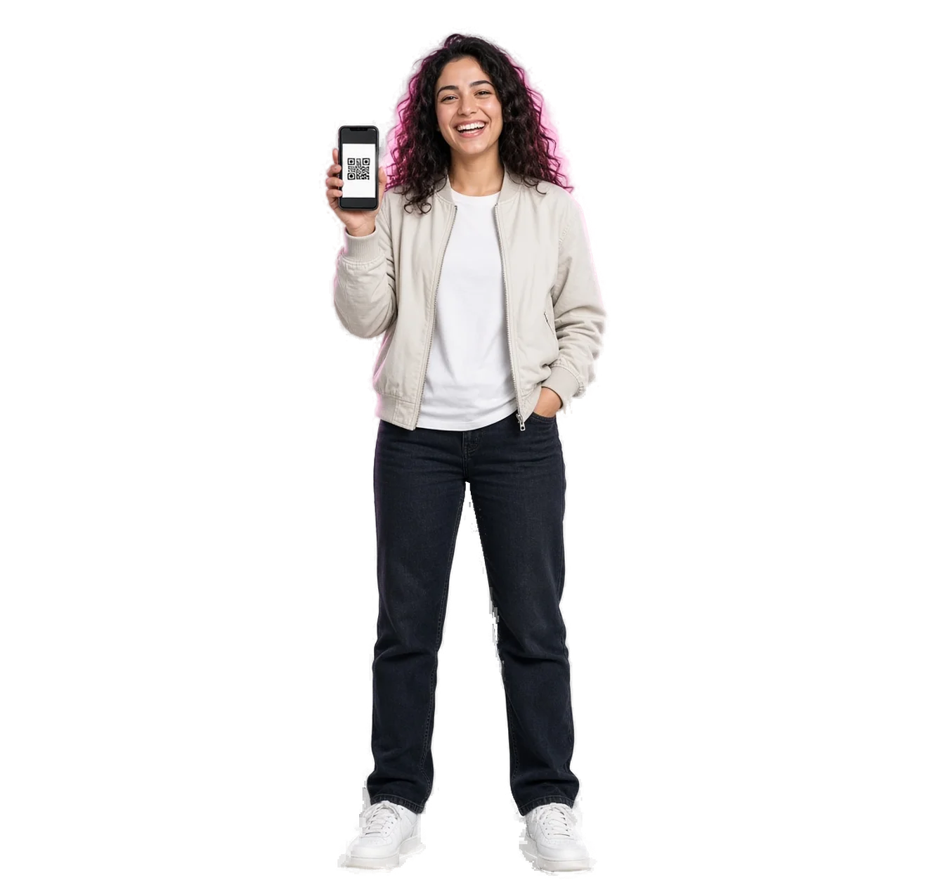 Young woman at a concert showing her QR code ticket on her phone
