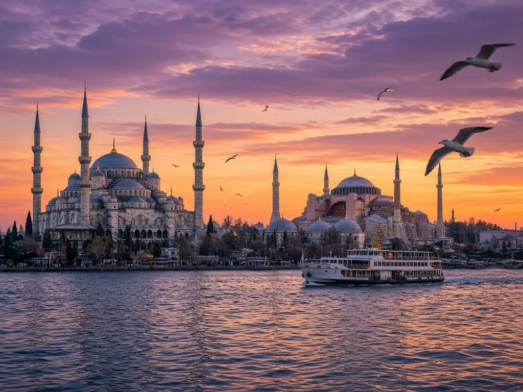 Blue Mosque and Hagia Sophia at sunset, Istanbul