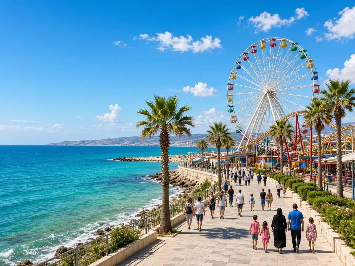 Seaside amusement park with a Ferris wheel