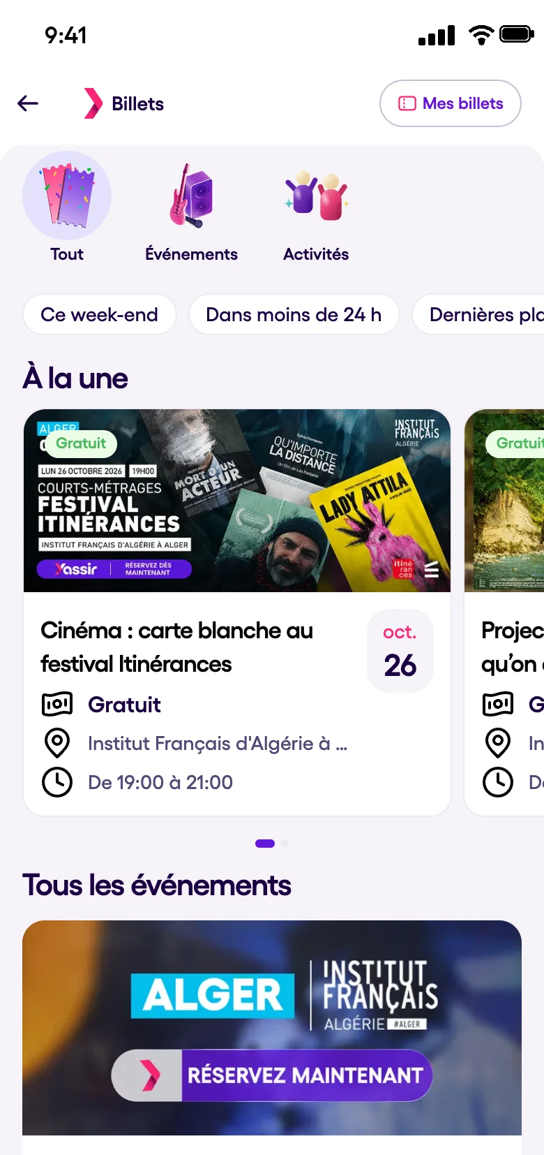 Catalogue Yassir Events avec les événements à la une