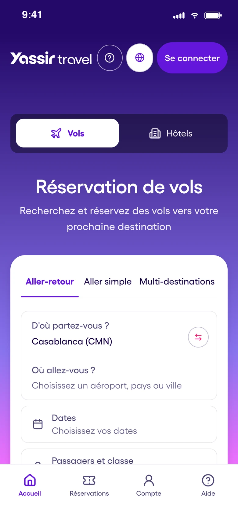 Rechercher un vol sur Yassir Travel
