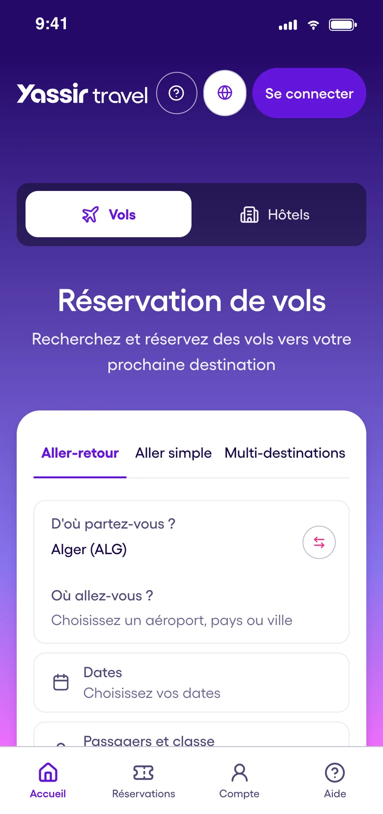 Rechercher un vol sur Yassir Travel
