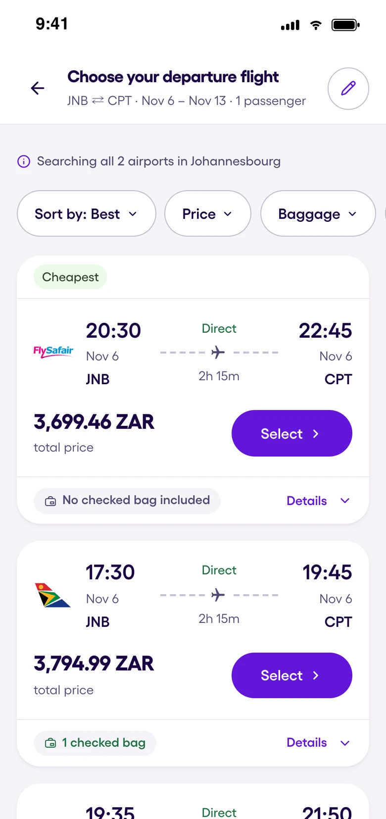Compare flight fares on Yassir Travel