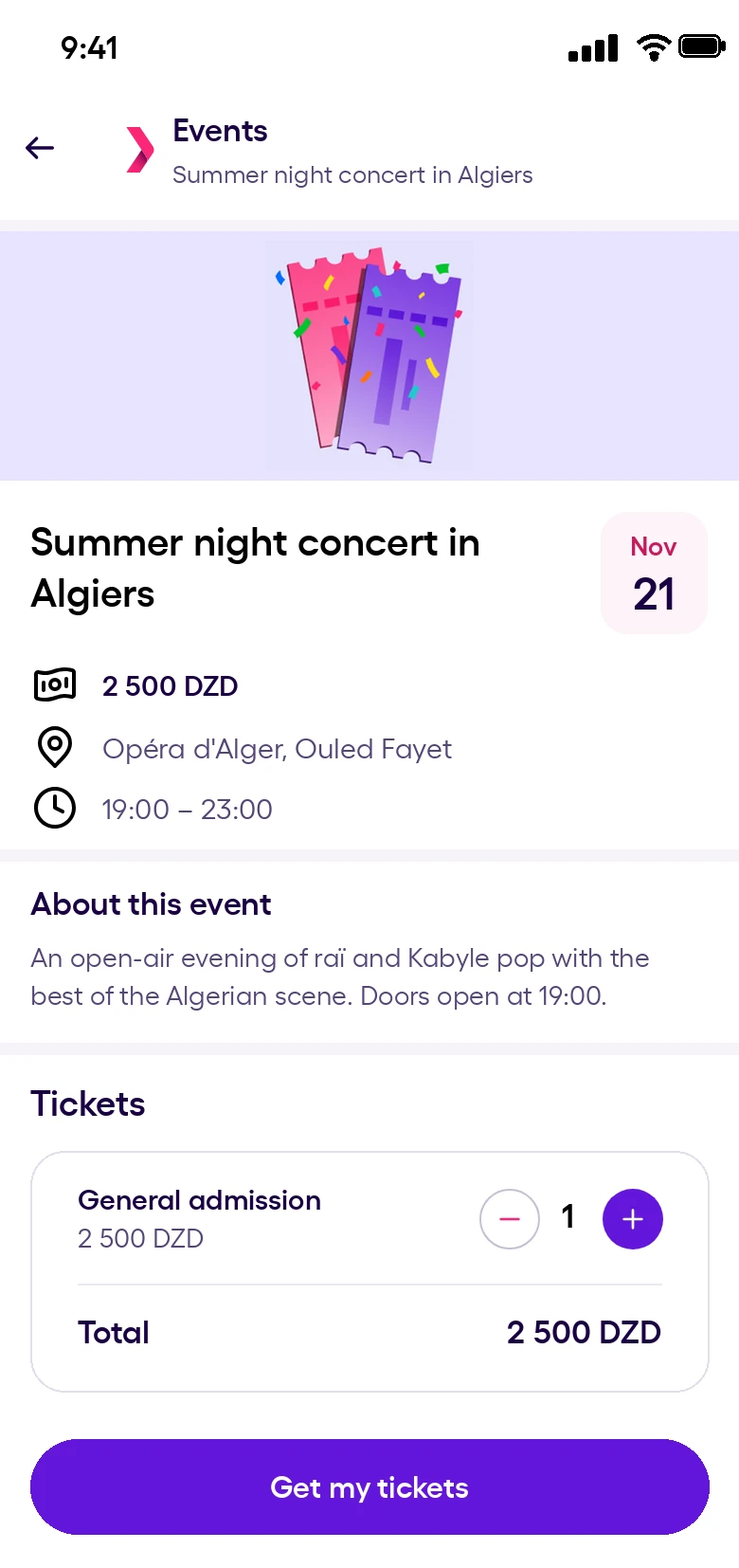 Event page with ticket selection in the Yassir app