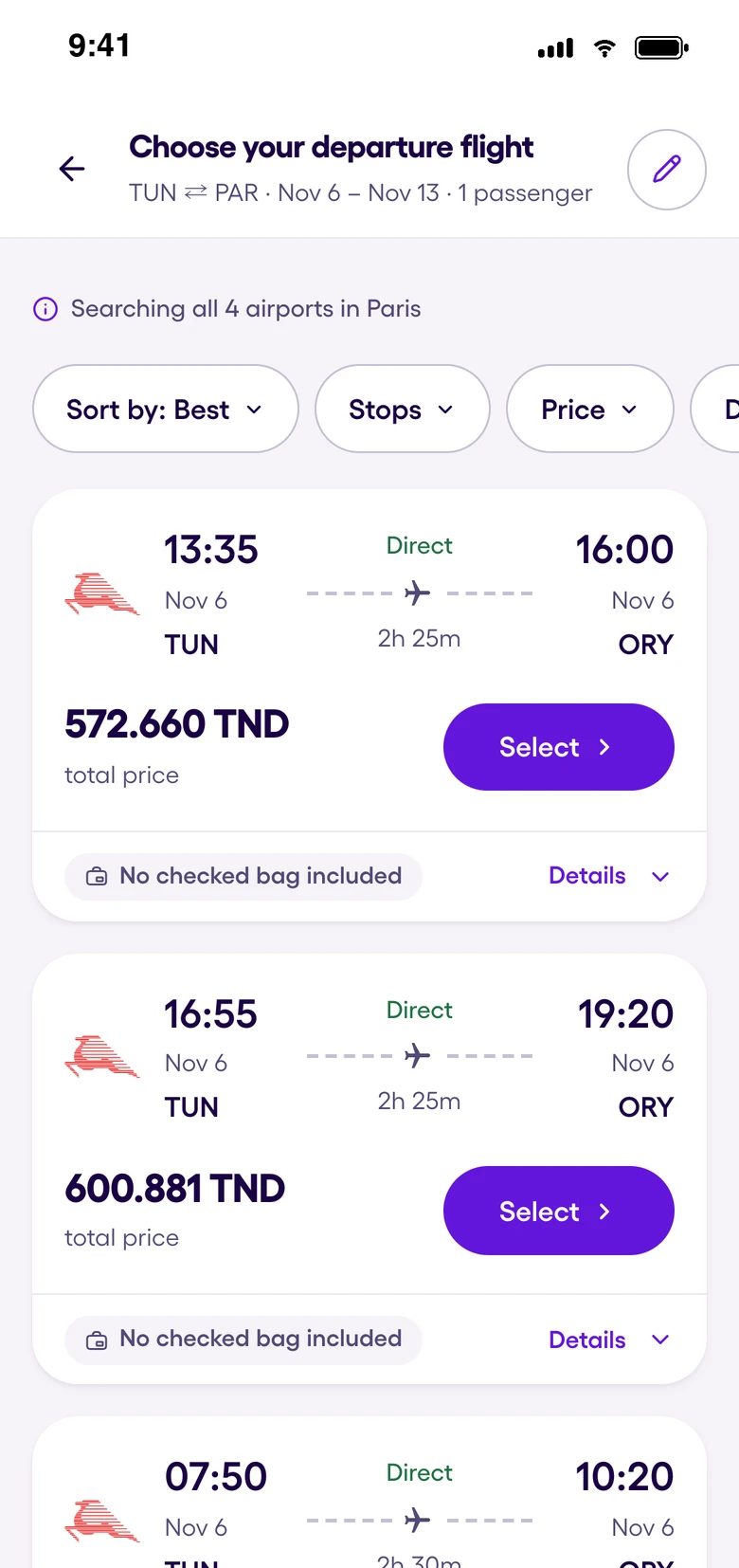 Compare flight fares on Yassir Travel