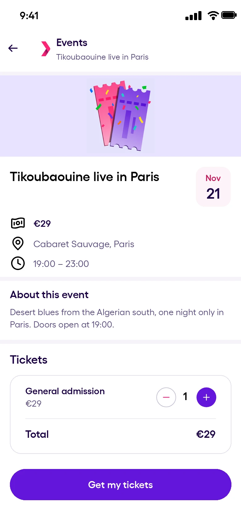 Event page with ticket selection in the Yassir app