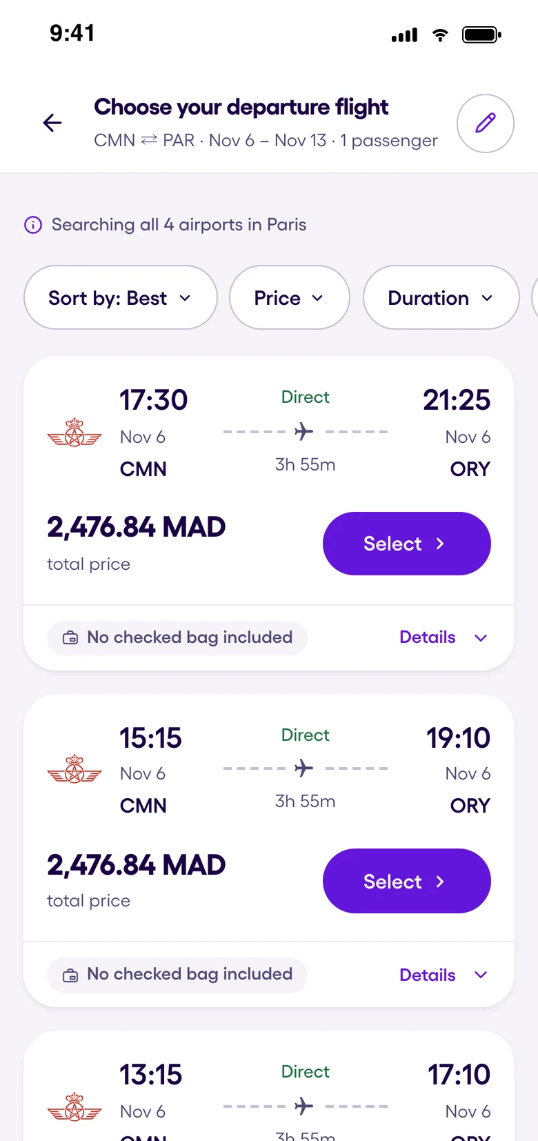 Compare flight fares on Yassir Travel