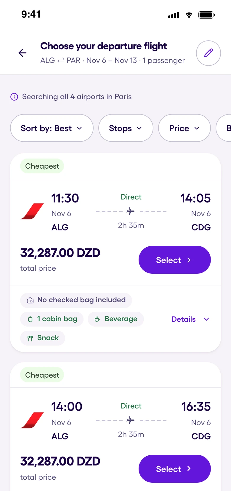 Compare flight fares on Yassir Travel