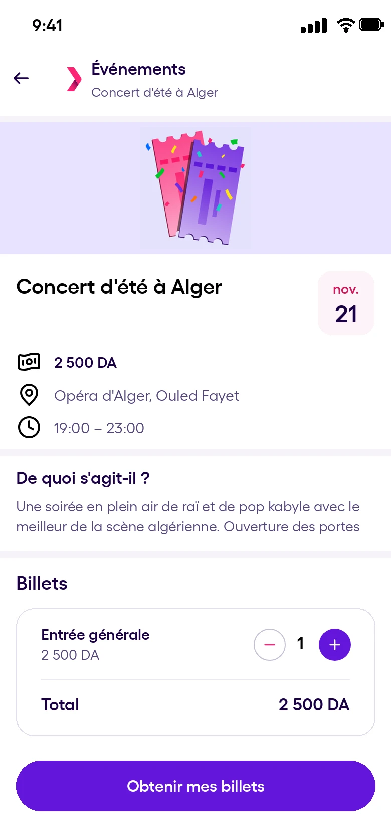 Page d'un événement avec le choix des billets dans l'application Yassir