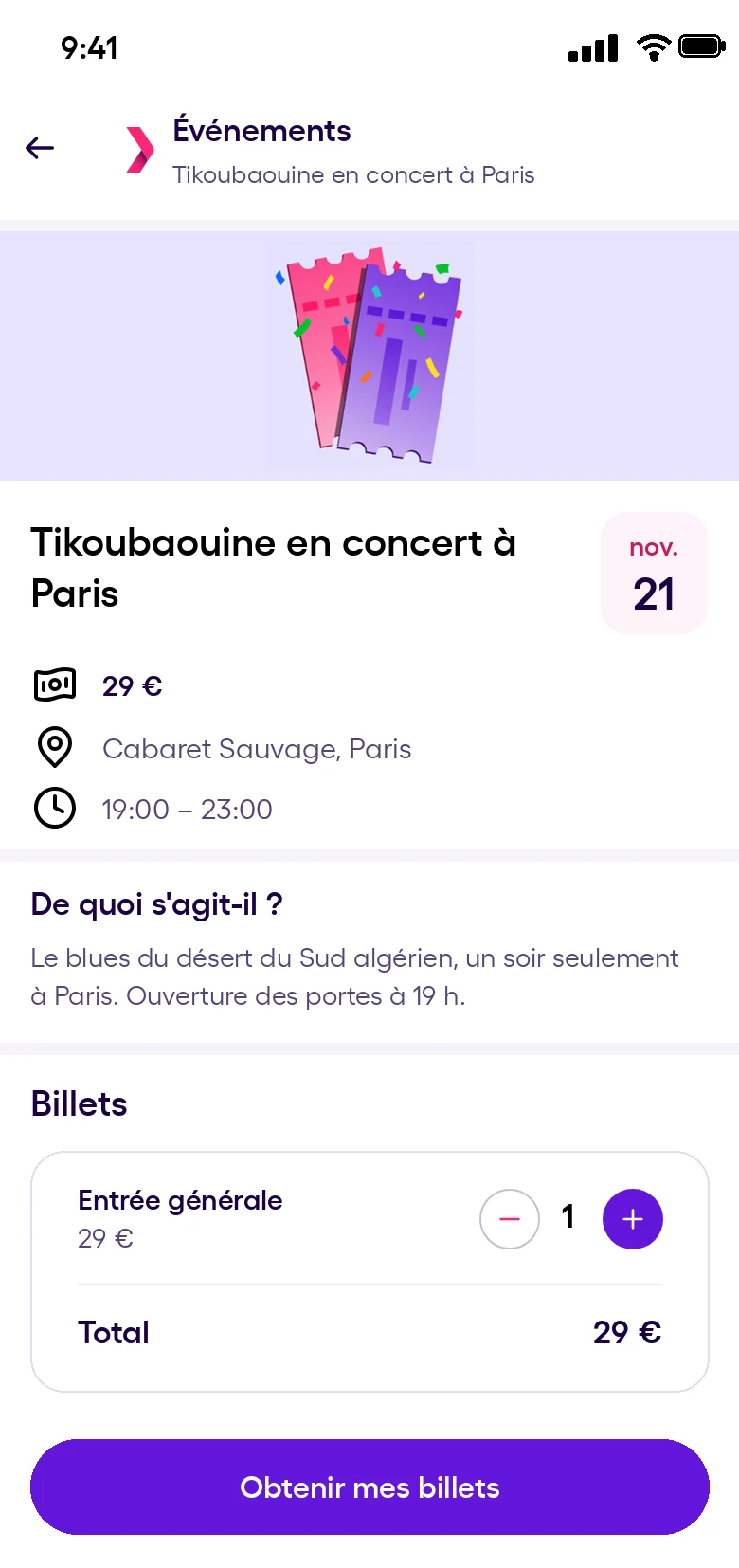 Page d'un événement avec le choix des billets dans l'application Yassir