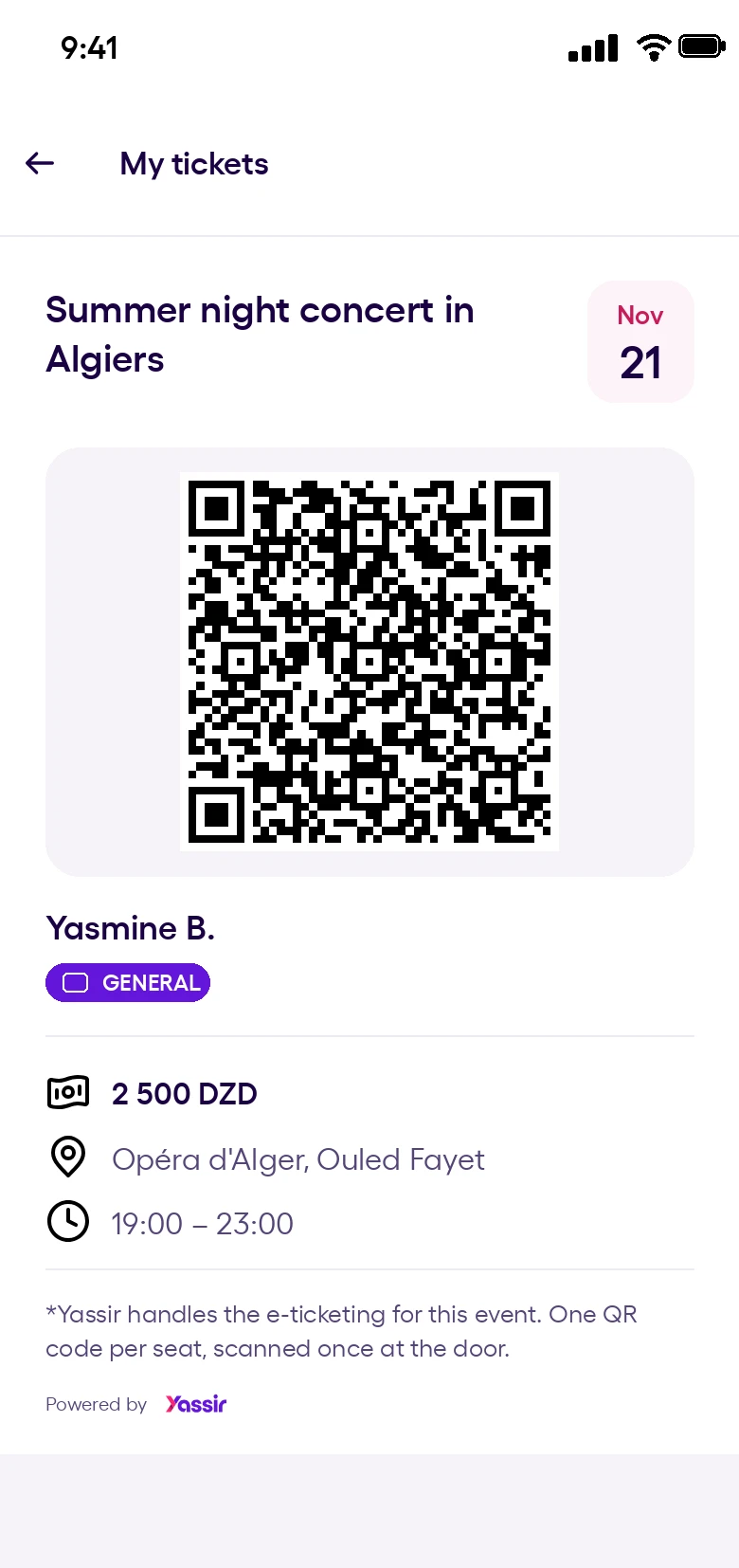 QR code ticket under My tickets in the Yassir app