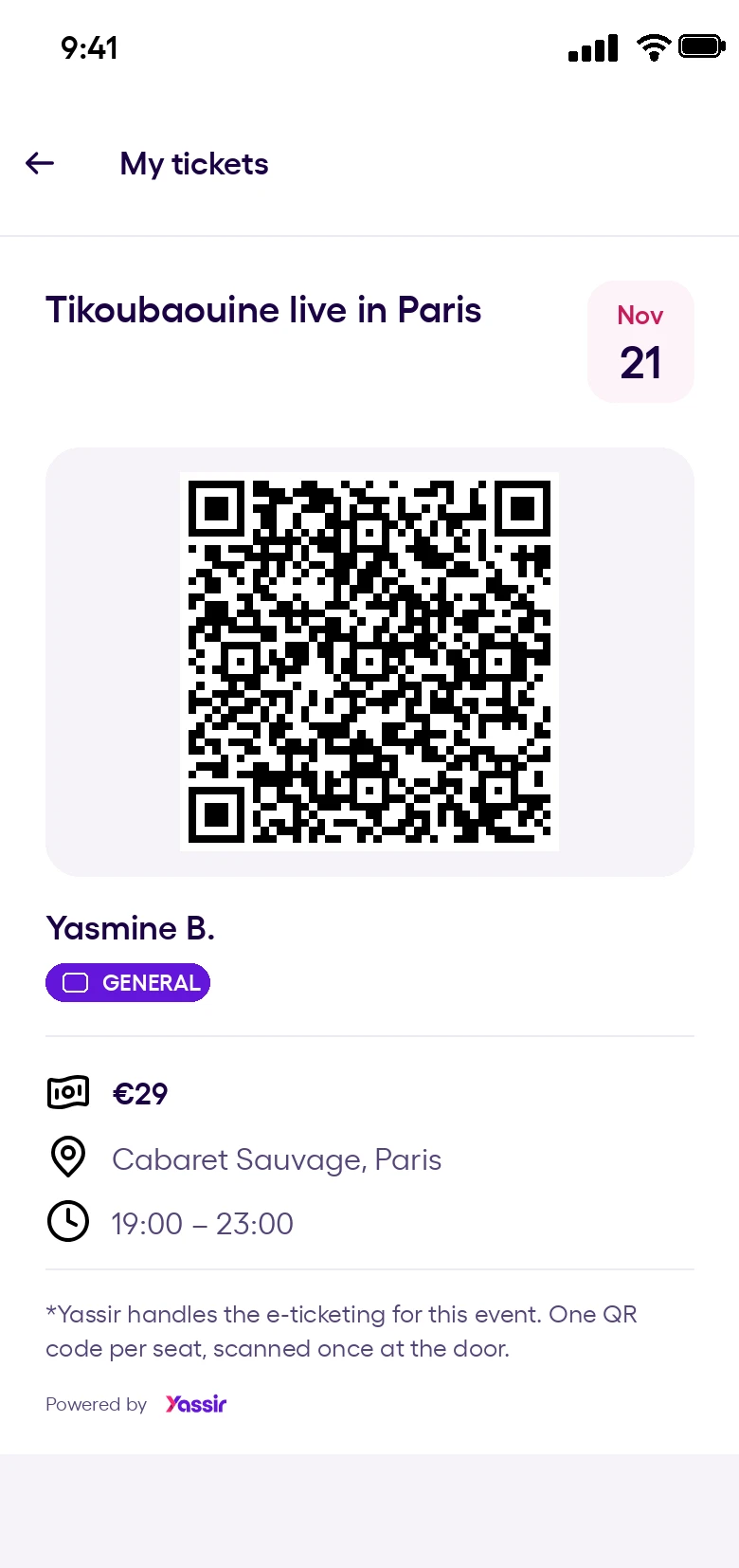 QR code ticket under My tickets in the Yassir app