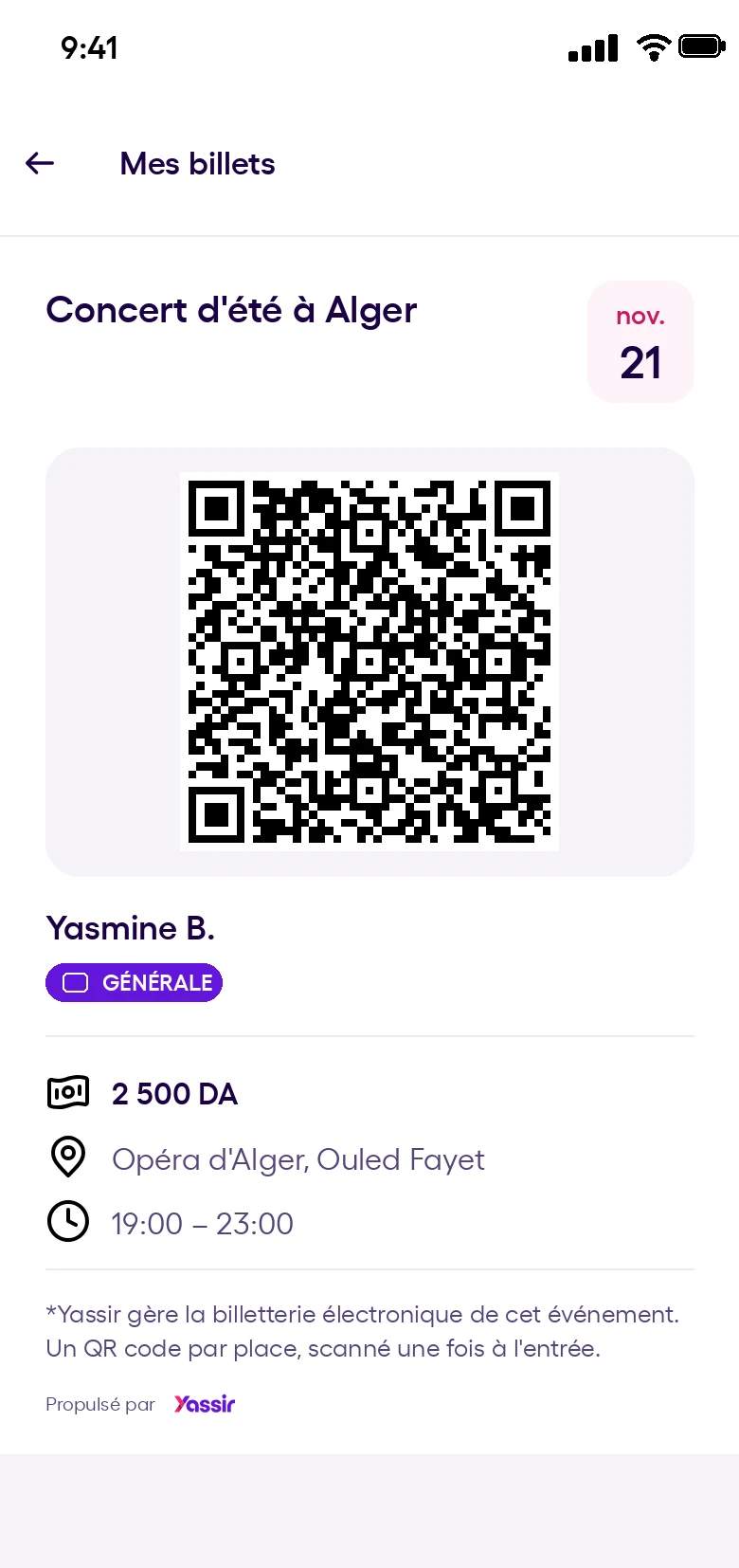 Billet QR code dans « Mes billets » de l'application Yassir