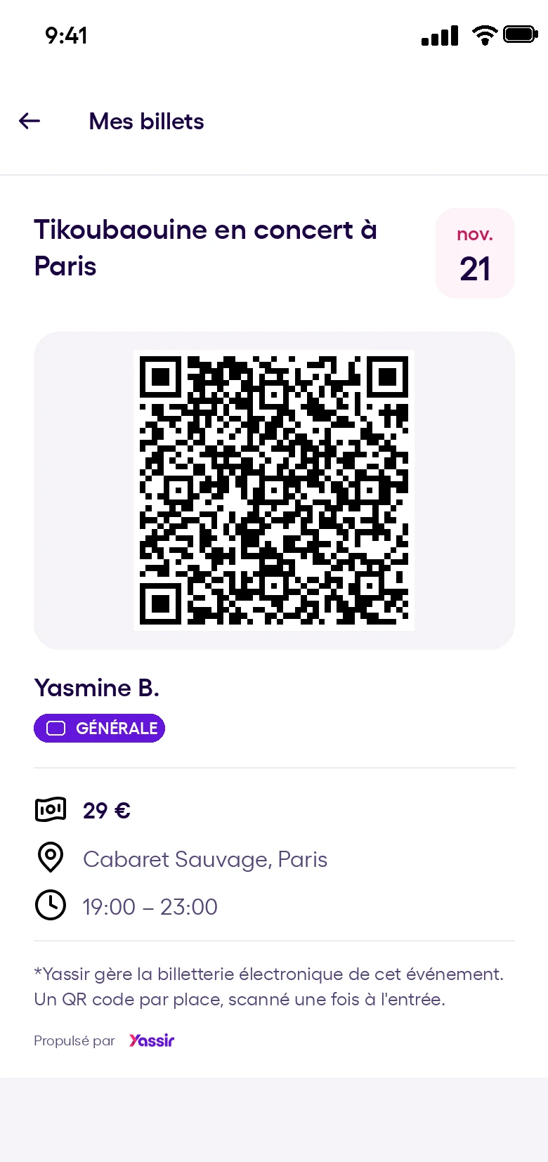 Billet QR code dans « Mes billets » de l'application Yassir