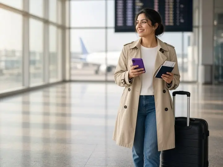 Traveler at Algiers airport with the Yassir Travel app