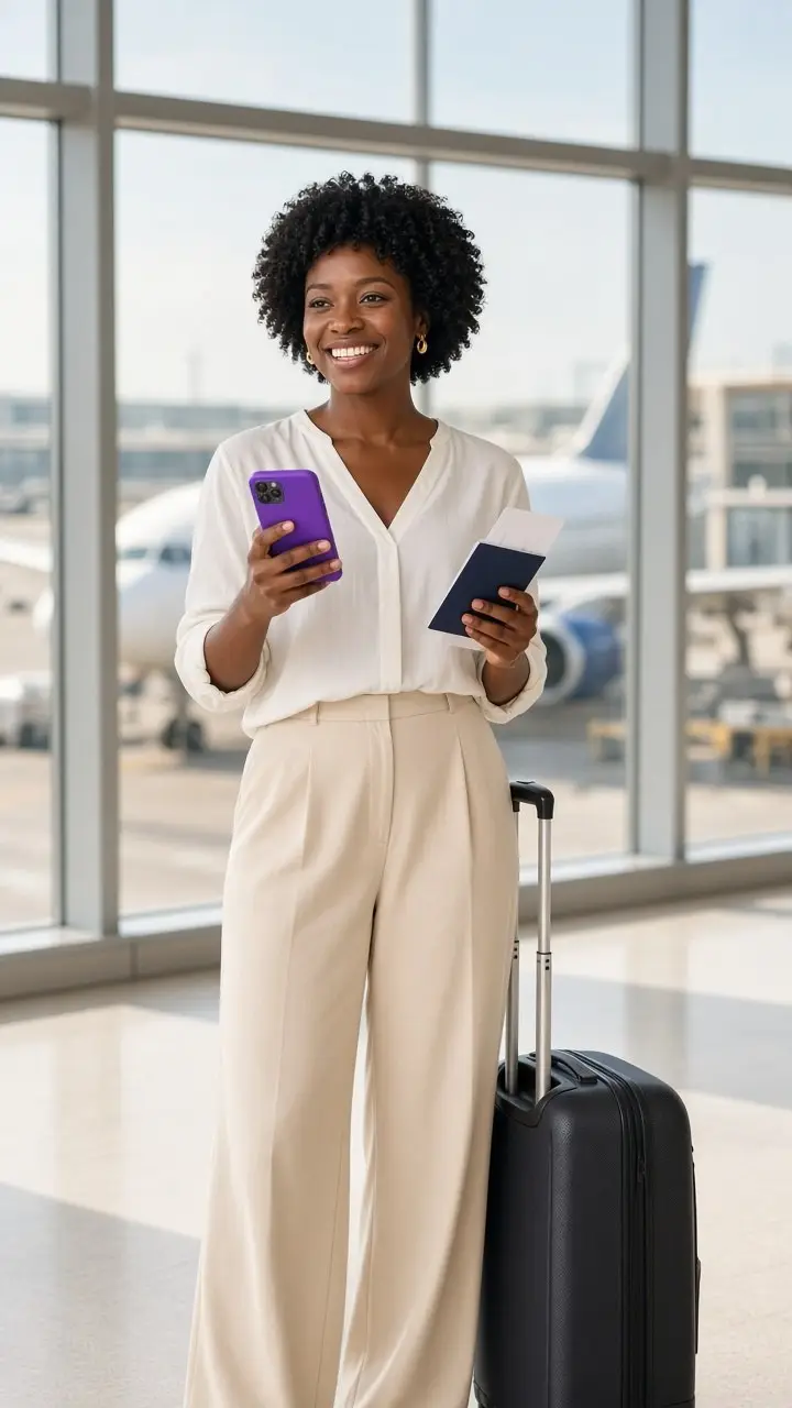 Voyageuse à l'aéroport de Dakar avec son téléphone et son passeport