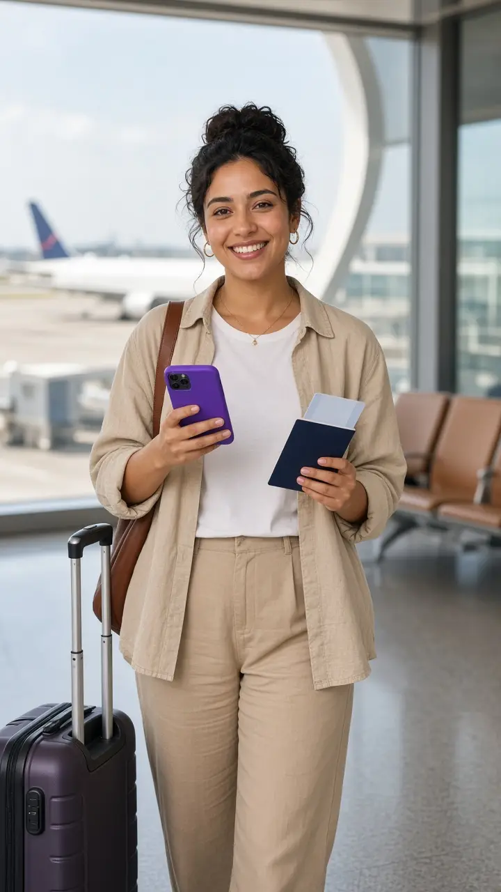 Voyageuse à l'aéroport avec son téléphone et son passeport